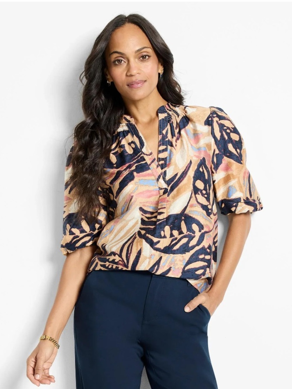 NIC+ZOE Terracotta Garden Abstract Floral Puff Sleeve Top XS NWT